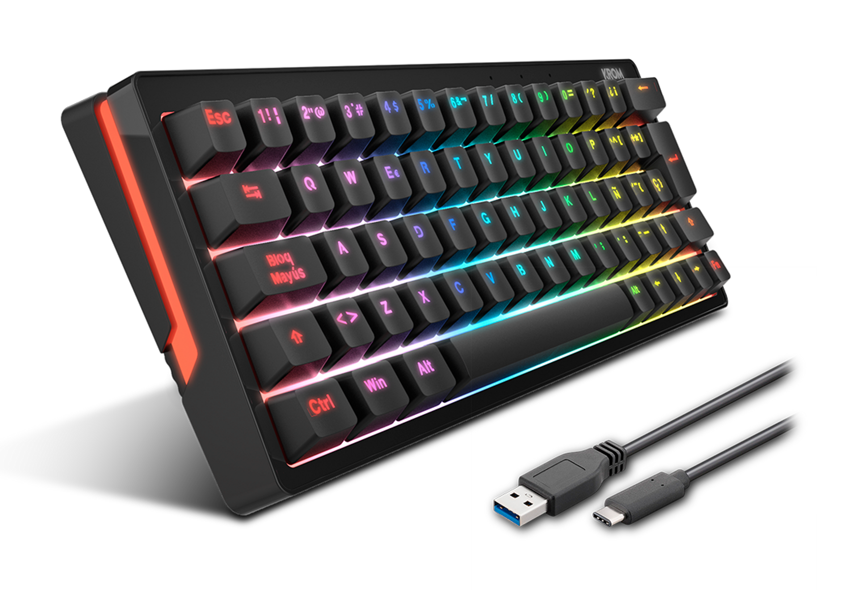 Tastiera meccanica nera con tasti colorati e due cavi USB.