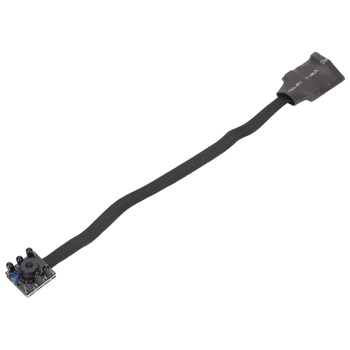 Ein kleiner Kamerasensor, der mit einem schwarzen Kabel verbunden ist. Der Sensor hat ein schwarzes Gehäuse.