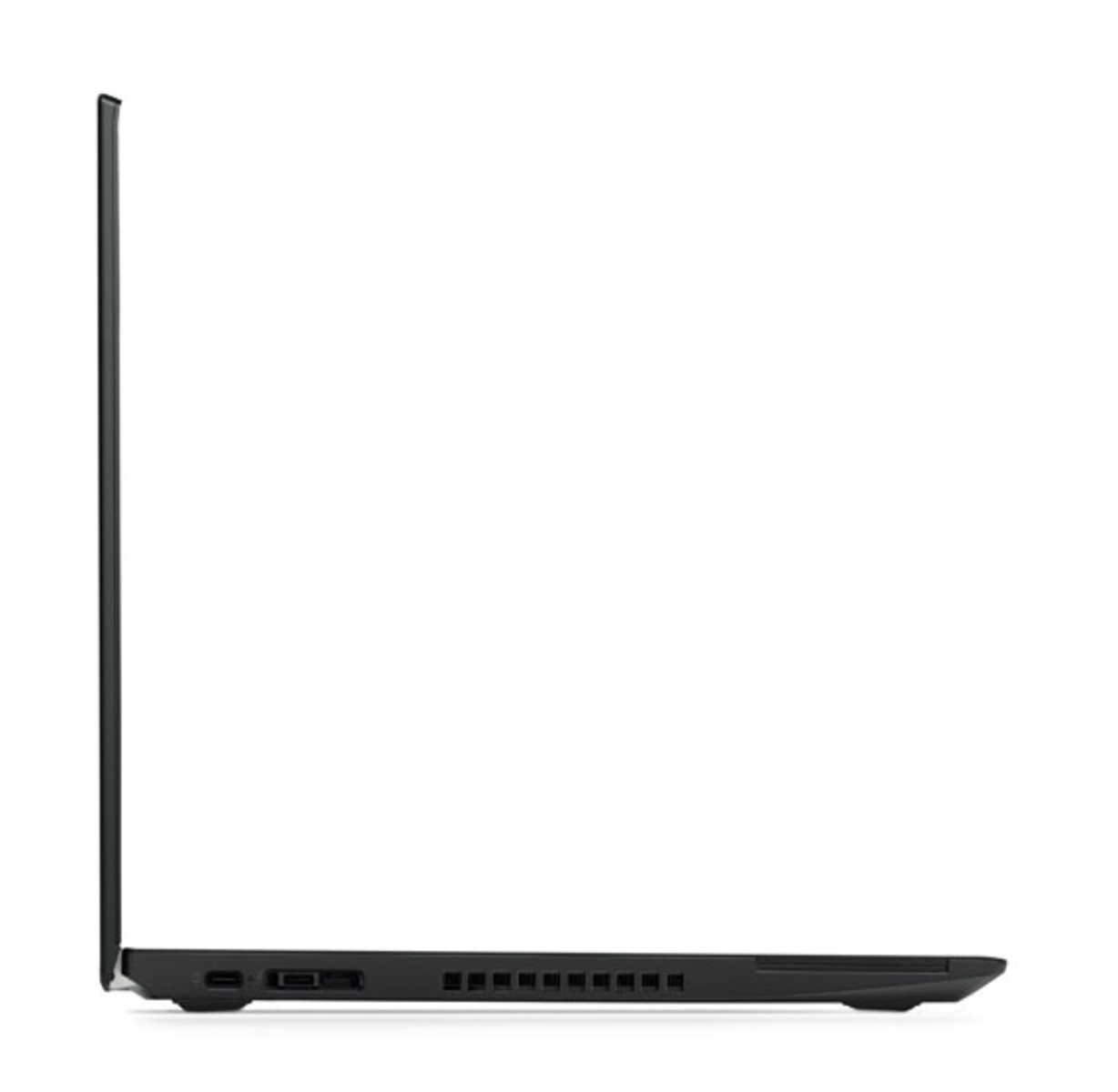 Seitenansicht eines schwarzen Laptops vor weißem Hintergrund, Seitenprofil.