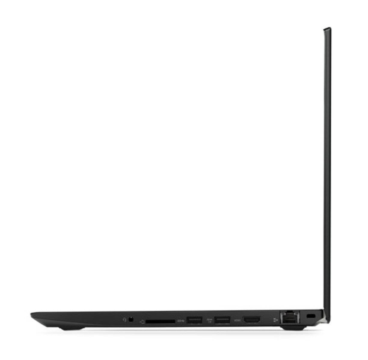 Schwarzer Laptop im Profil, zeigt die Seite mit Anschlüssen und dem Bildschirm.