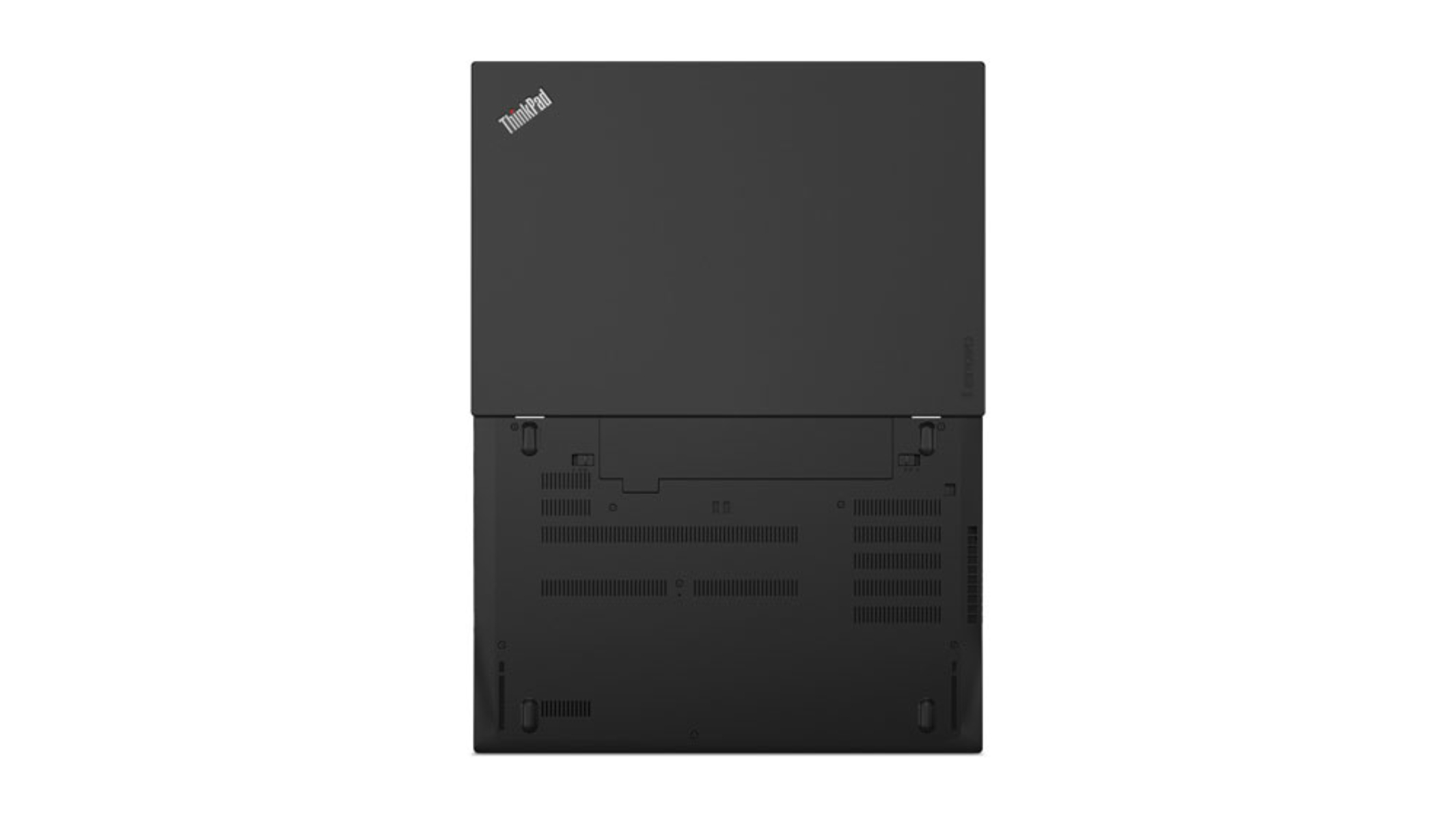 Schwarzer Laptop mit ThinkPad-Logo auf dem Deckel, geöffnet mit Tastatur.