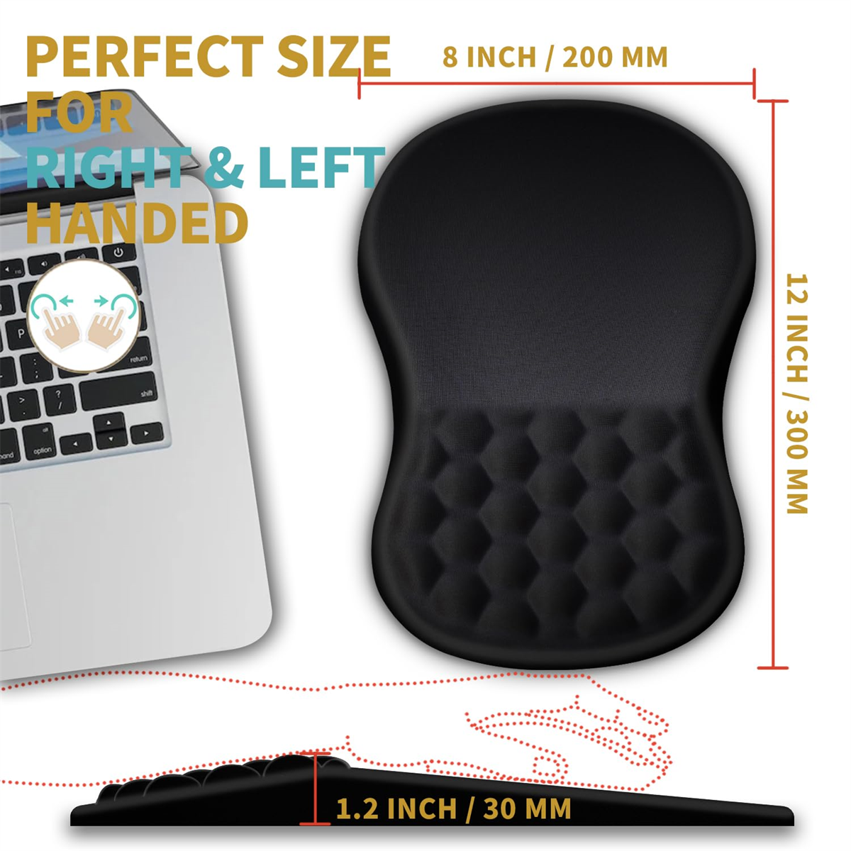 Schwarzes ergonomisches Mauspad mit Laptop und Maßangaben.