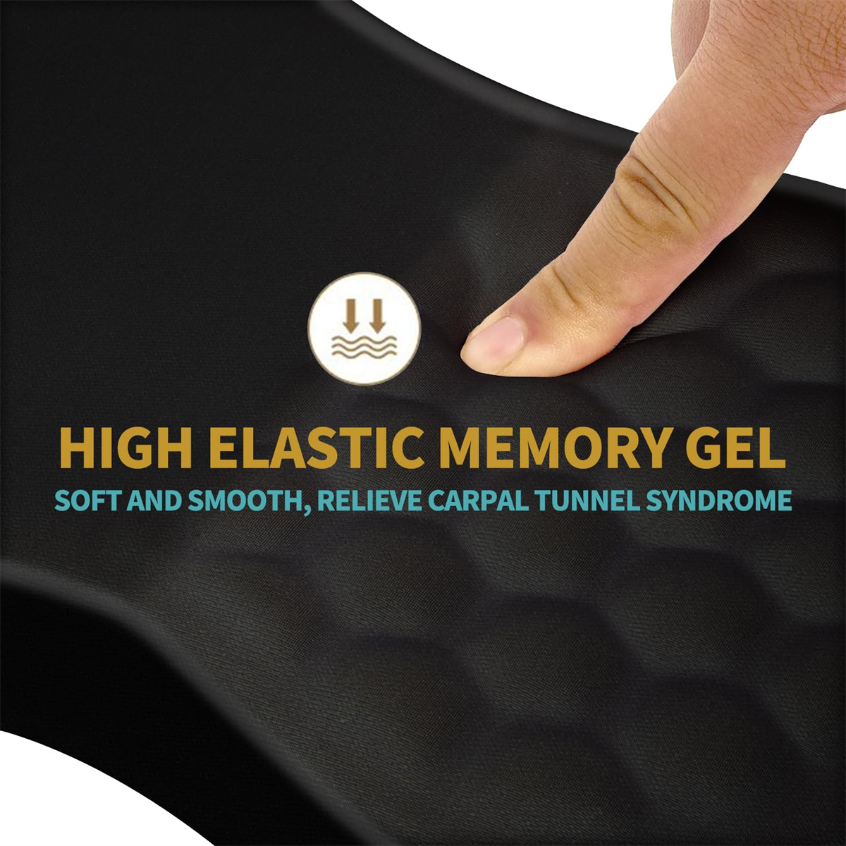 Ein Finger drückt auf schwarzen Memory-Gel mit Text: HIGH ELASTIC MEMORY GEL.