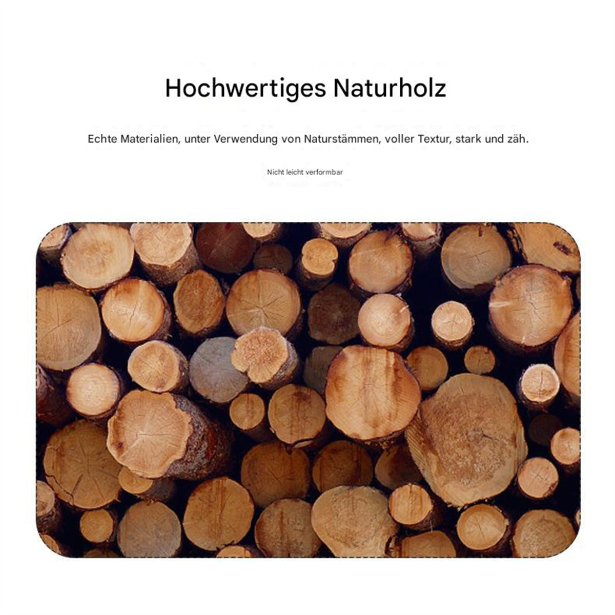 Eine Ansammlung geschnittener Holzscheite mit Text über die hohe Qualität von Naturholz.