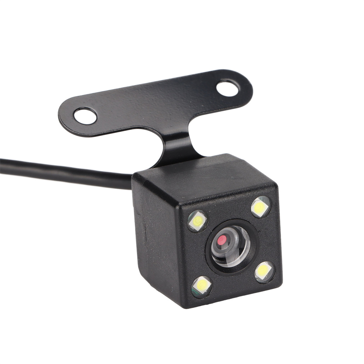 Eine schwarze Rückfahrkamera für Autos mit vier LED-Leuchten und einer Linse.