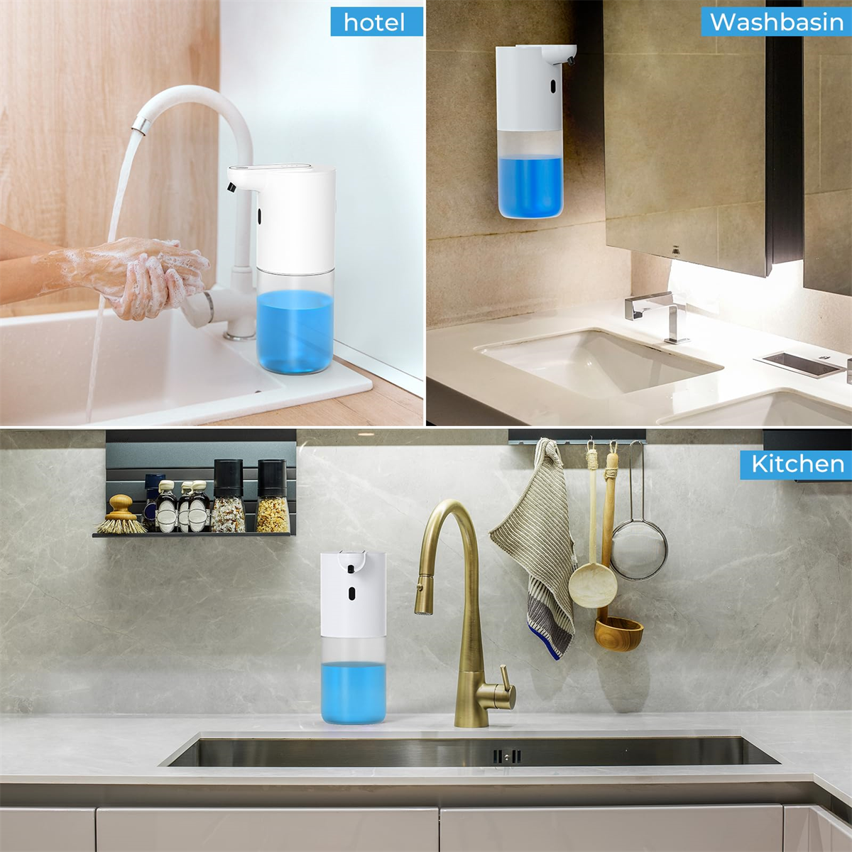 Vier Bilder: ein Hotel, ein Waschbecken und eine Küche. Jedes zeigt einen automatischen Handseifenspender.