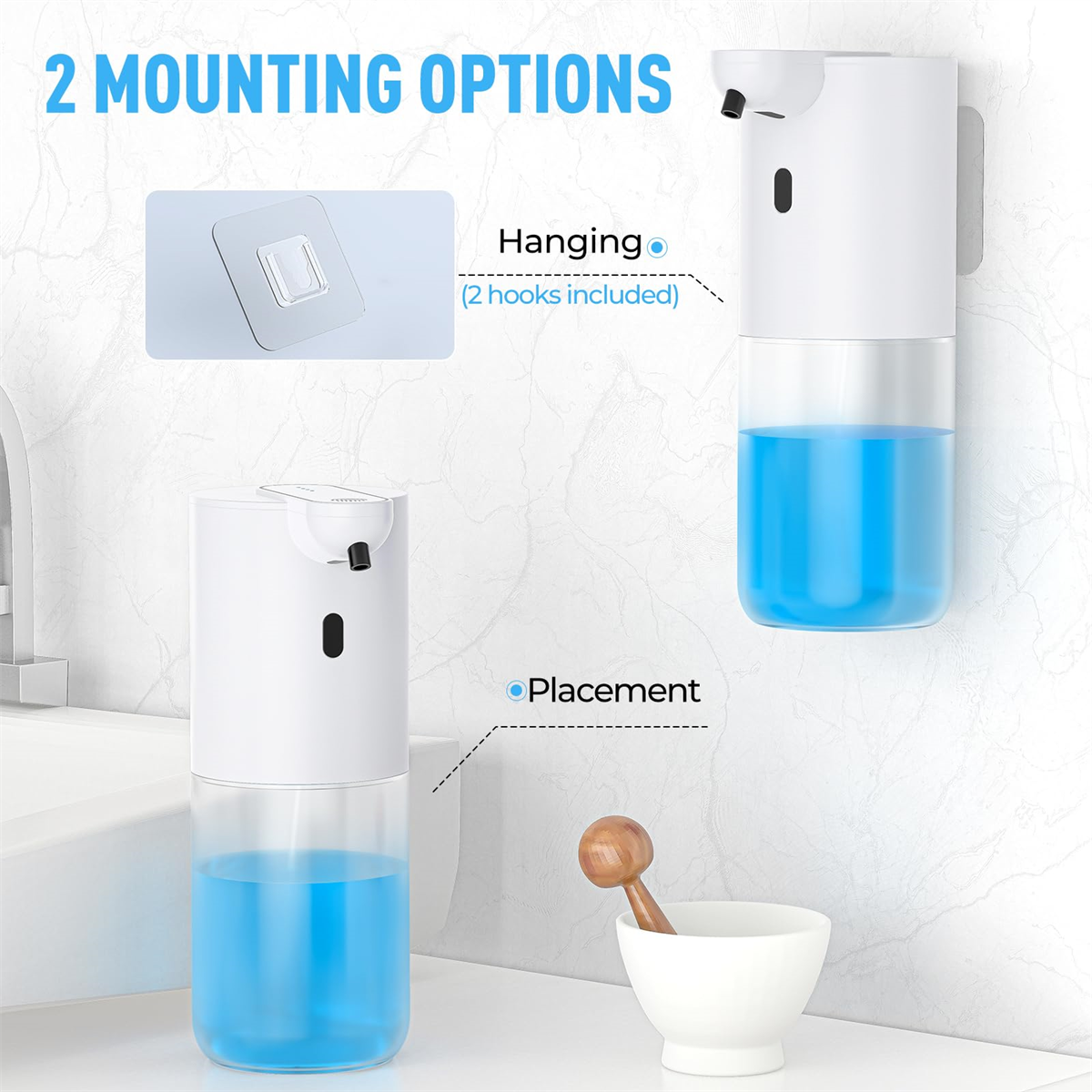 Weißer automatischer Seifenspender, einer an der Wand und einer auf einer Oberfläche, mit blauer Flüssigkeit.