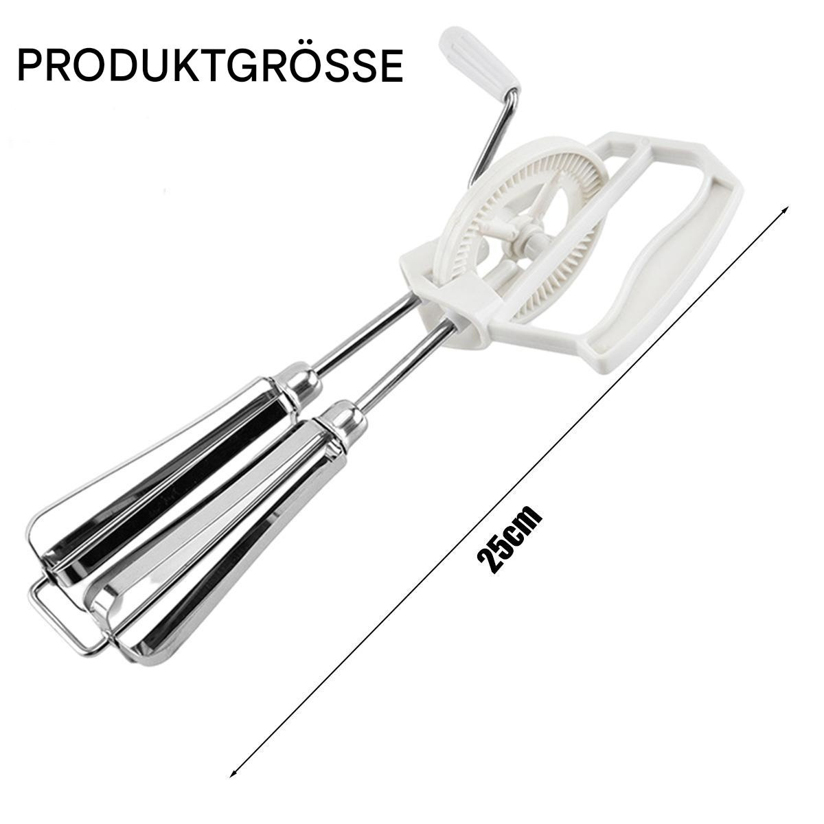 Weißer Handmixer mit zwei Edelstahl-Schlägern und einem Griff.