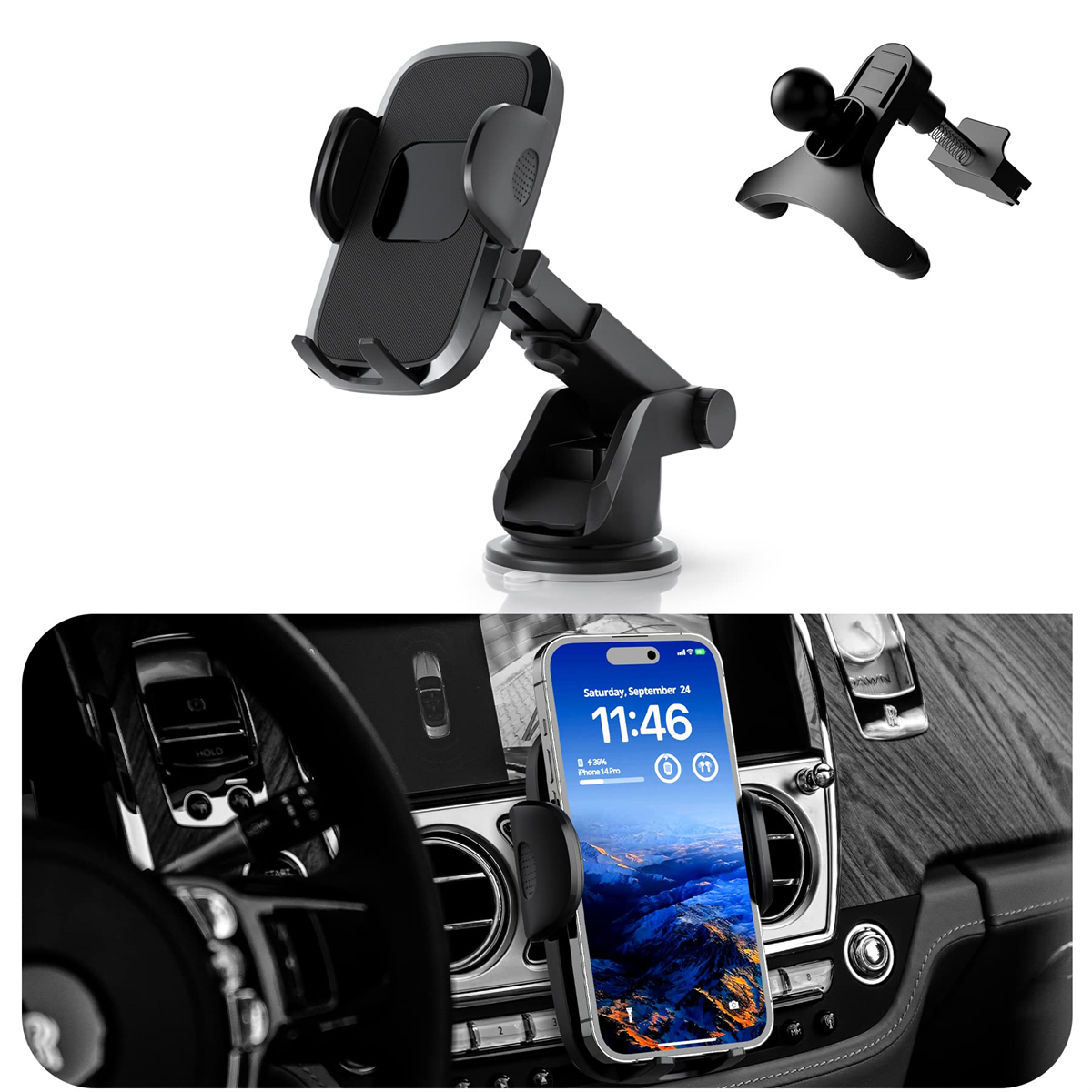 Telefonhalter im Auto in Gebrauch. Einer am Armaturenbrett montiert. Einer an der Windschutzscheibe. Telefon zeigt Zeit.