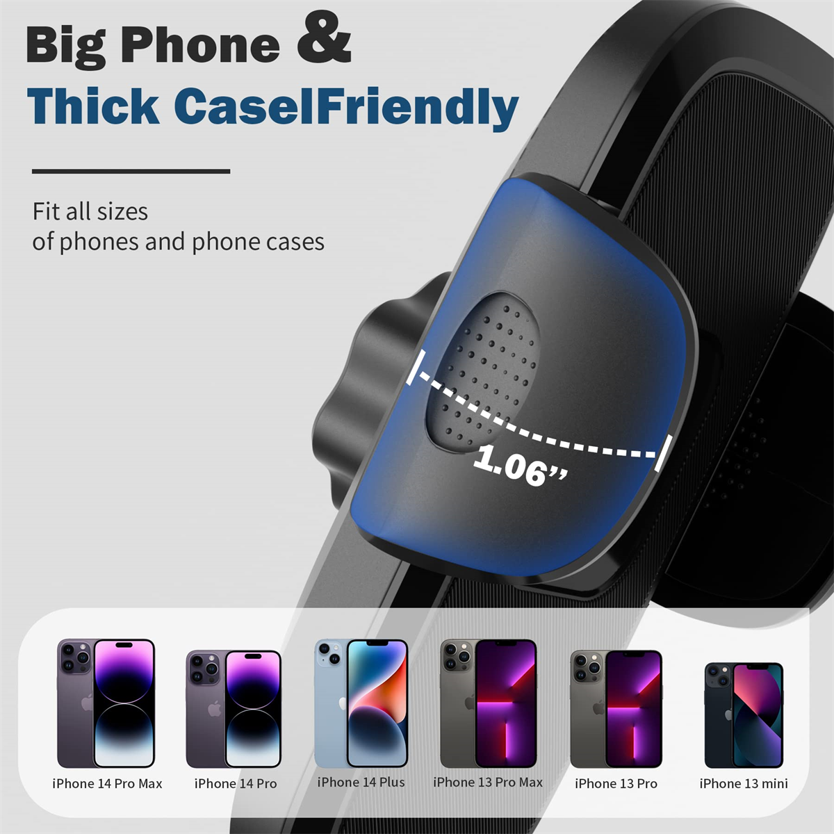 Eine Telefonhalterung mit einer blauen, verstellbaren Komponente. Darunter befinden sich Beispiele verschiedener iPhone-Modelle.