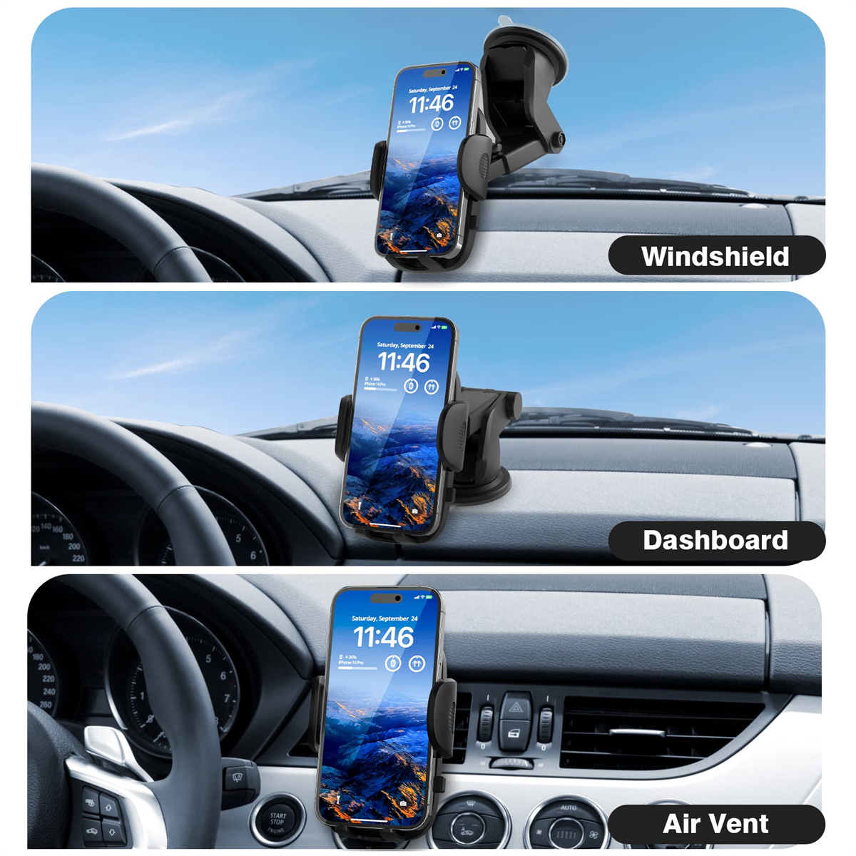 Drei Autotelefonhalterungen: Windschutzscheibe, Armaturenbrett und Lüftungsschlitz. Telefon.