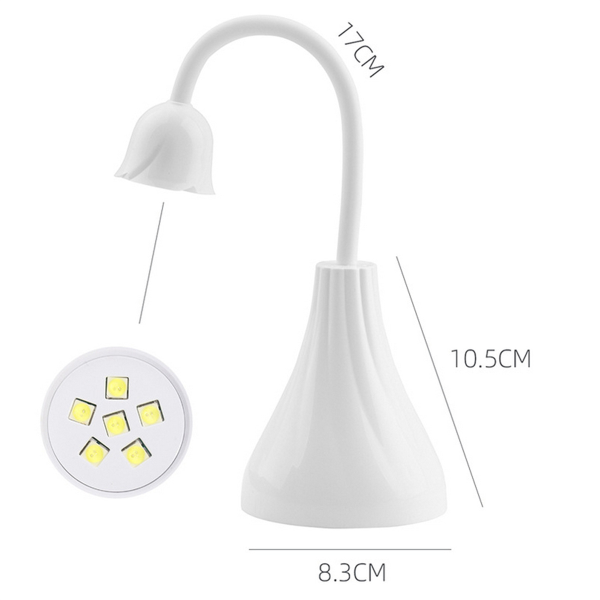 Weiße Lampe in Blumenform mit kleiner LED-Leuchte. Abmessungen sind angegeben. Sie steht auf weißem Untergrund.