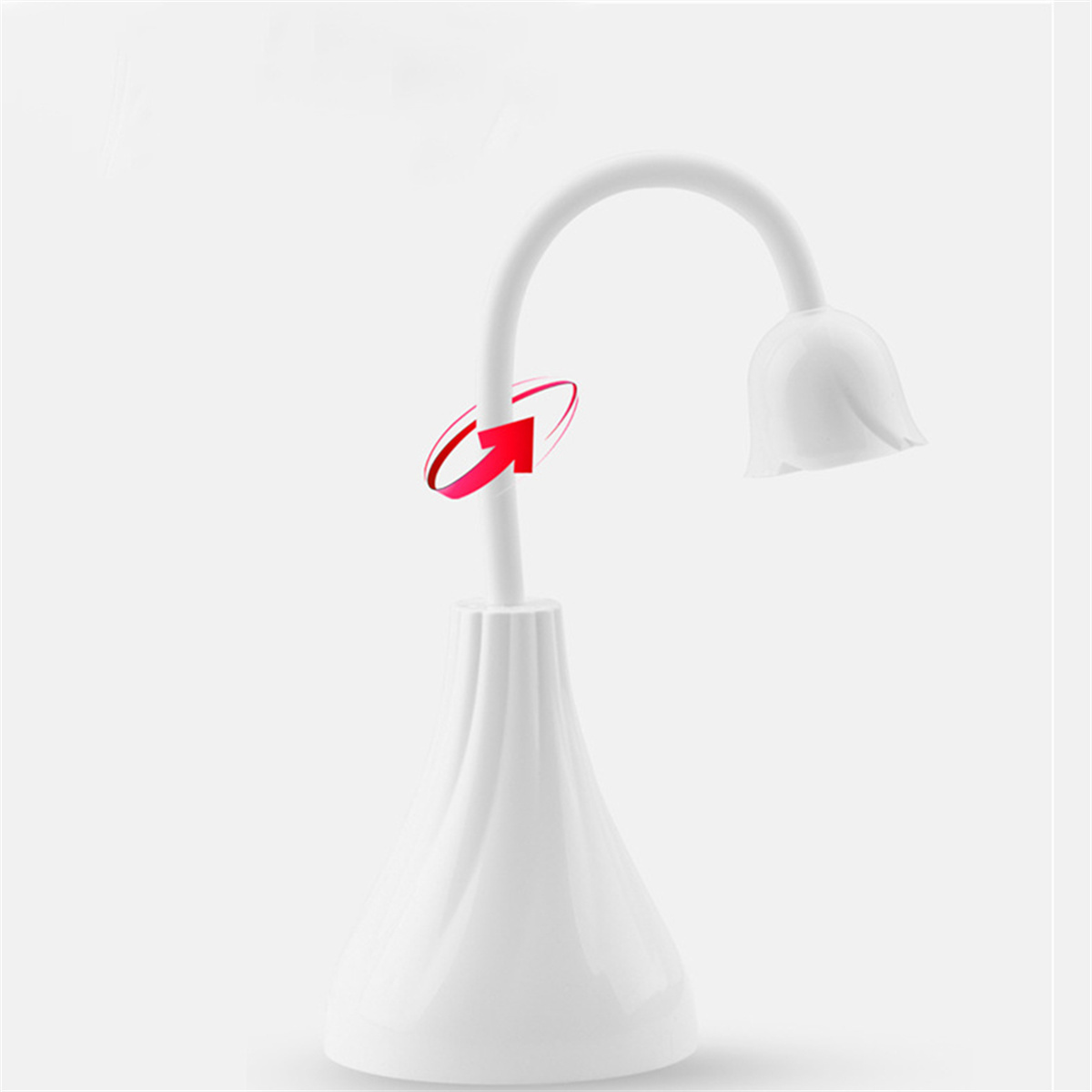 Weiße blütenförmige Lampe mit flexiblem Hals. Ein roter Pfeil zeigt die Richtung der Einstellung an.