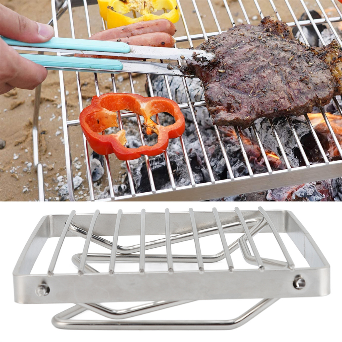 Grill mit Steak, Paprika und Zangen. Eine untere Ansicht des Grills ist unten.