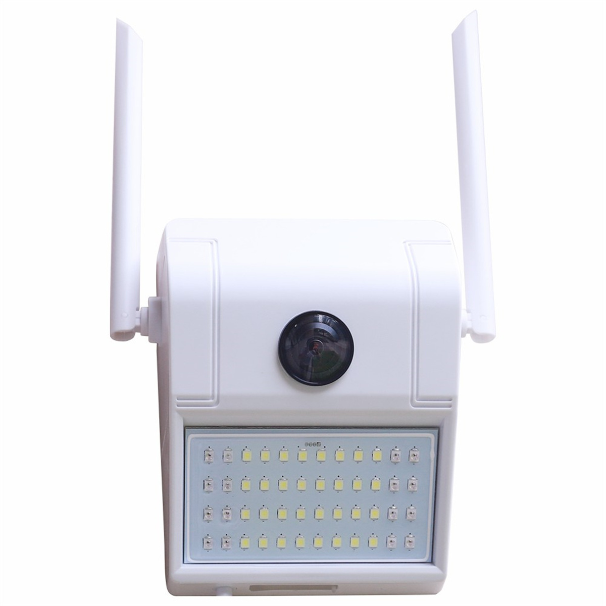 Weiße Überwachungskamera mit zwei Antennen und LED-Leuchten.