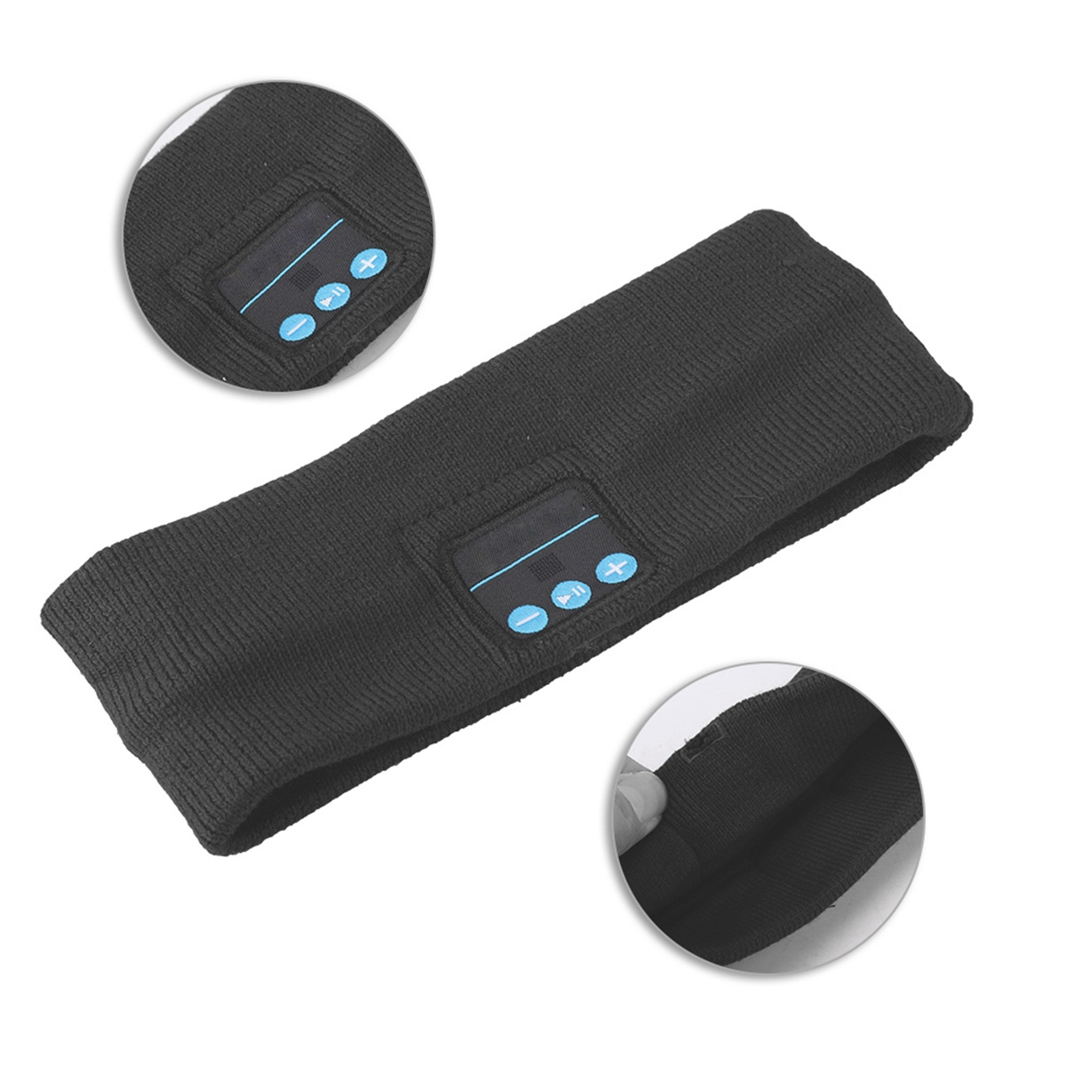 Schwarzes Stirnband mit Bedienfeld für Bluetooth und drei Tasten, mit rundem Detail.