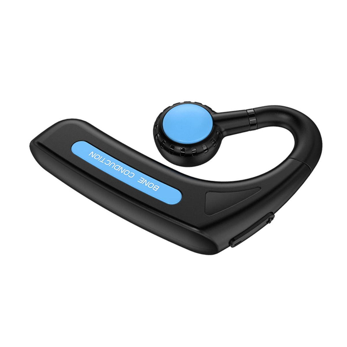 Schwarzes und blaues Knochenschall-Headset. Das Wort Knochenleitung steht auf der Seite.