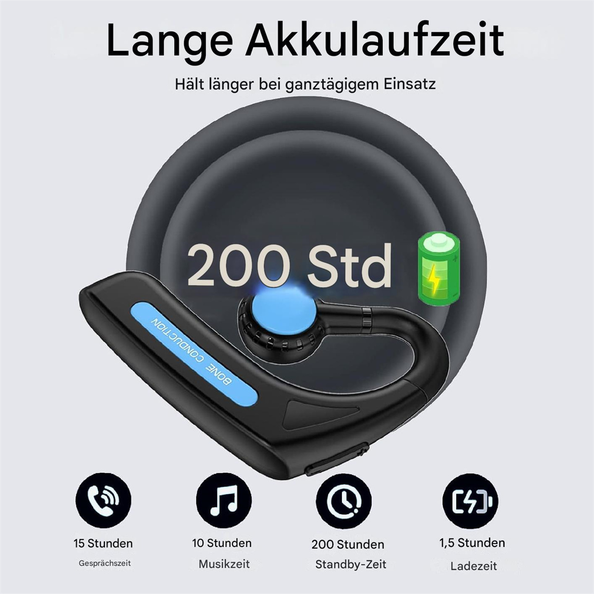 Schwarzes Knochenschall-Headset mit 200 Std. Standby, Akkusymbol und Zeitangaben.
