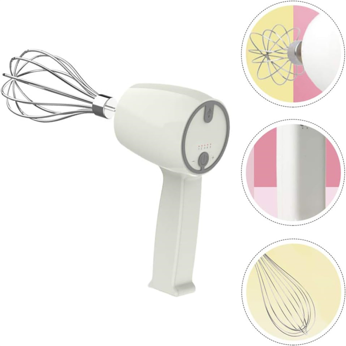 Ein weißer elektrischer Handmixer. Auf der rechten Seite befinden sich Teile des Mixers. Schneebesen und ein Schläger.
