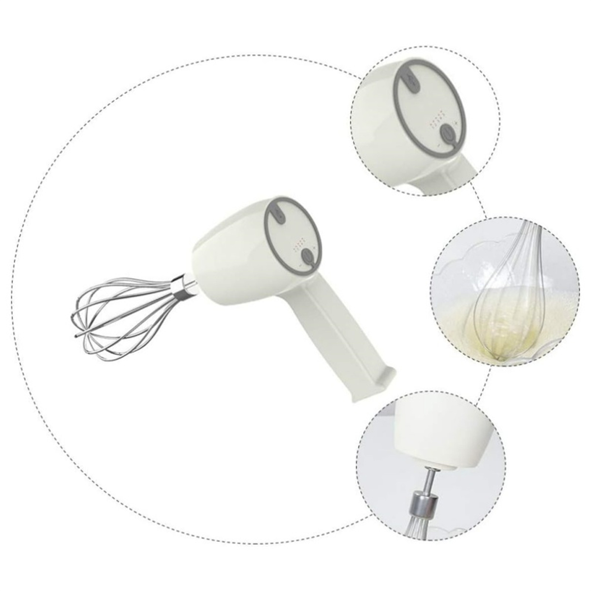 Ein weißer Handmixer mit Aufsätzen, einschließlich Schneebesen, im Gebrauch mit Teig.
