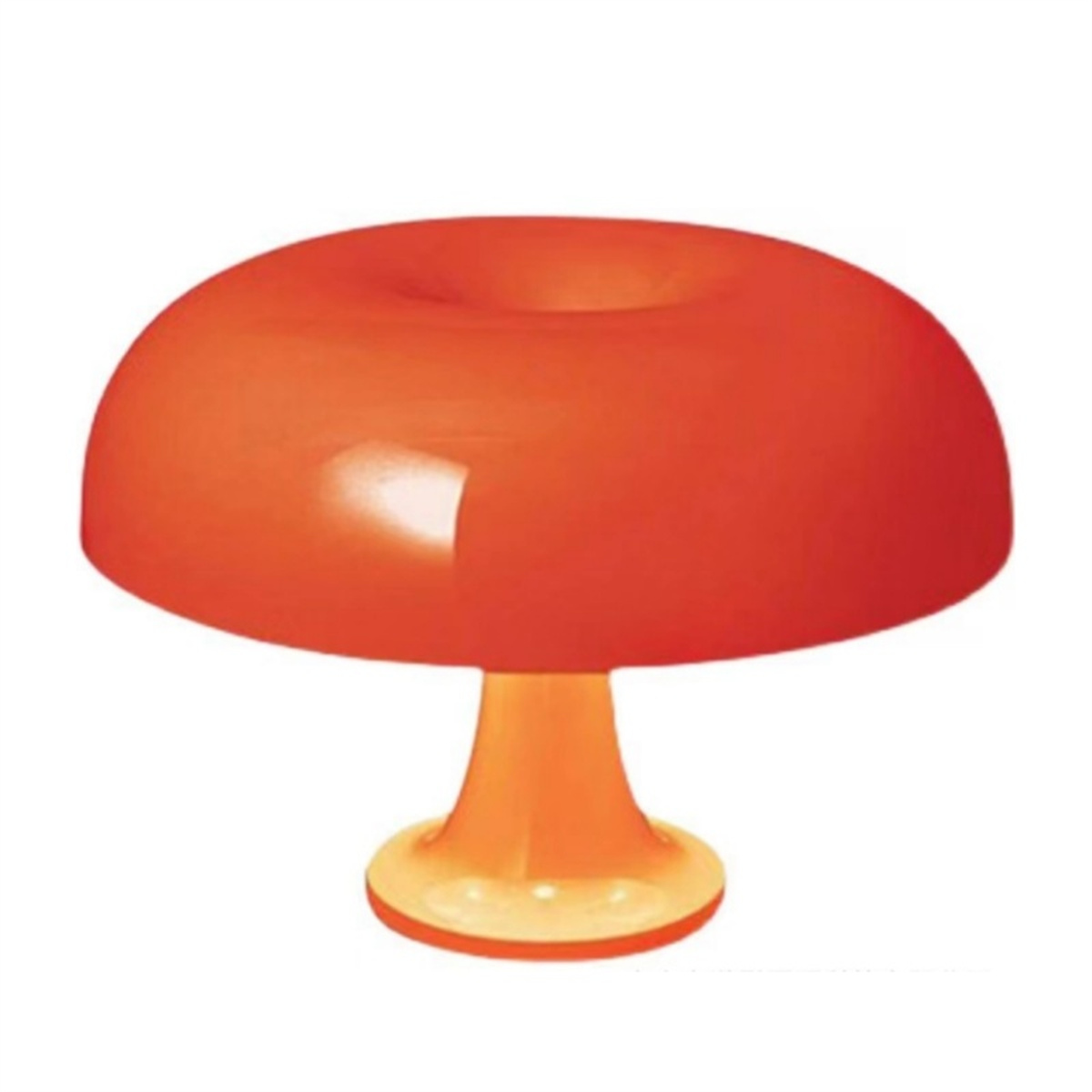 Orangefarbene pilzförmige Lampe. Oranger Fuß und Schirm. Weißer Hintergrund.