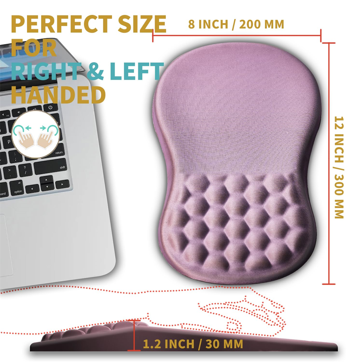 Ein lila ergonomisches Mauspad mit einem Laptop. Text zeigt Größe und für rechts/links.