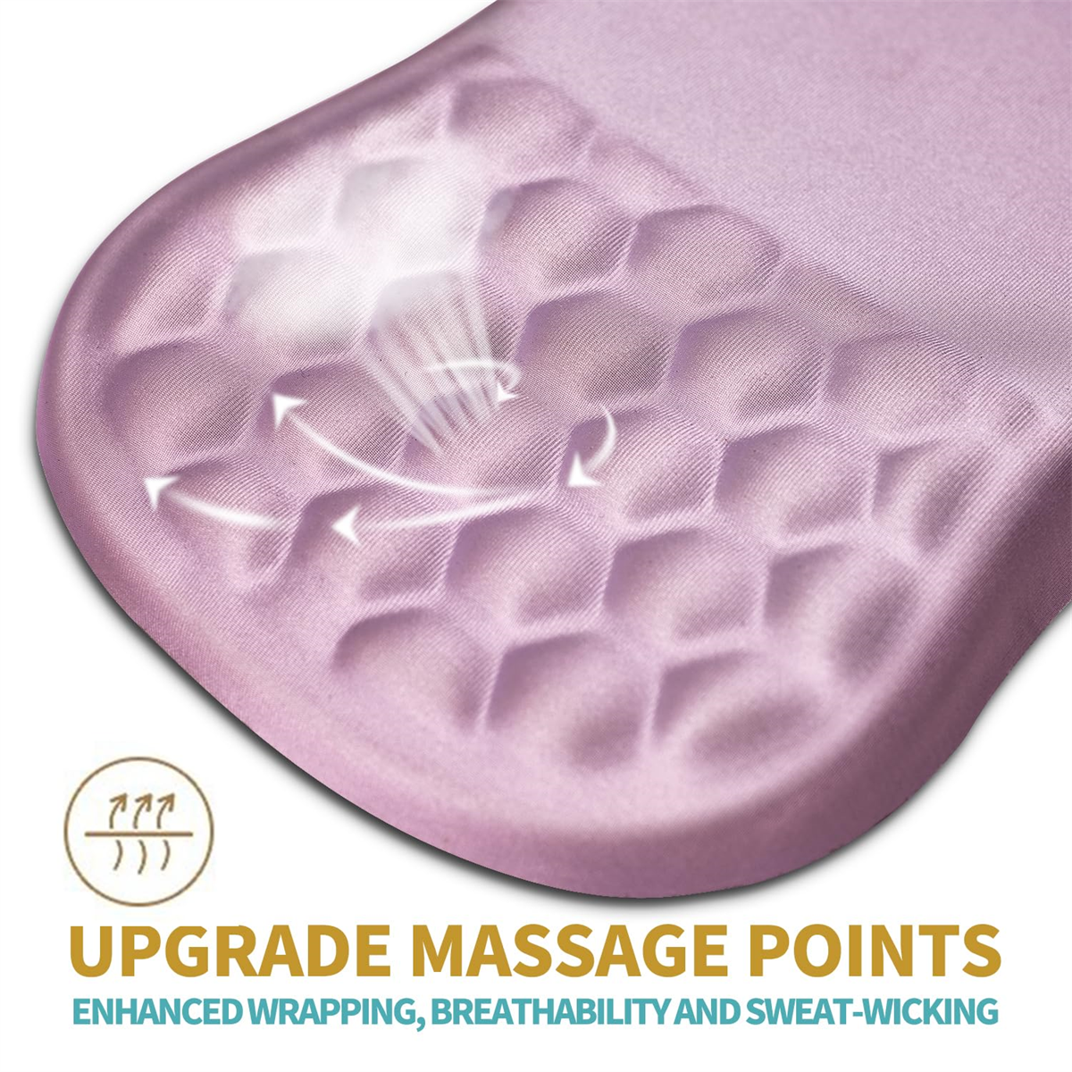 Ein pinkfarbenes ergonomisches Mauspad. Es hat Massagepunkte und Pfeile, die den Luftstrom anzeigen.