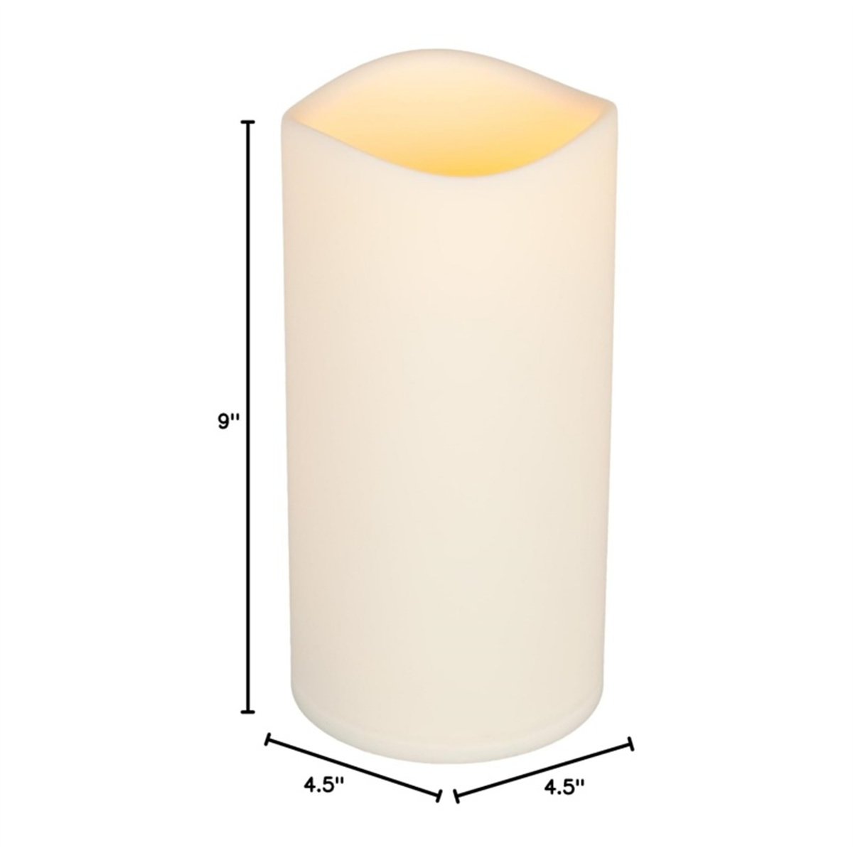 Weiße Kerze mit Licht. Die Kerze hat eine zylindrische Form. Abmessungen sind enthalten.