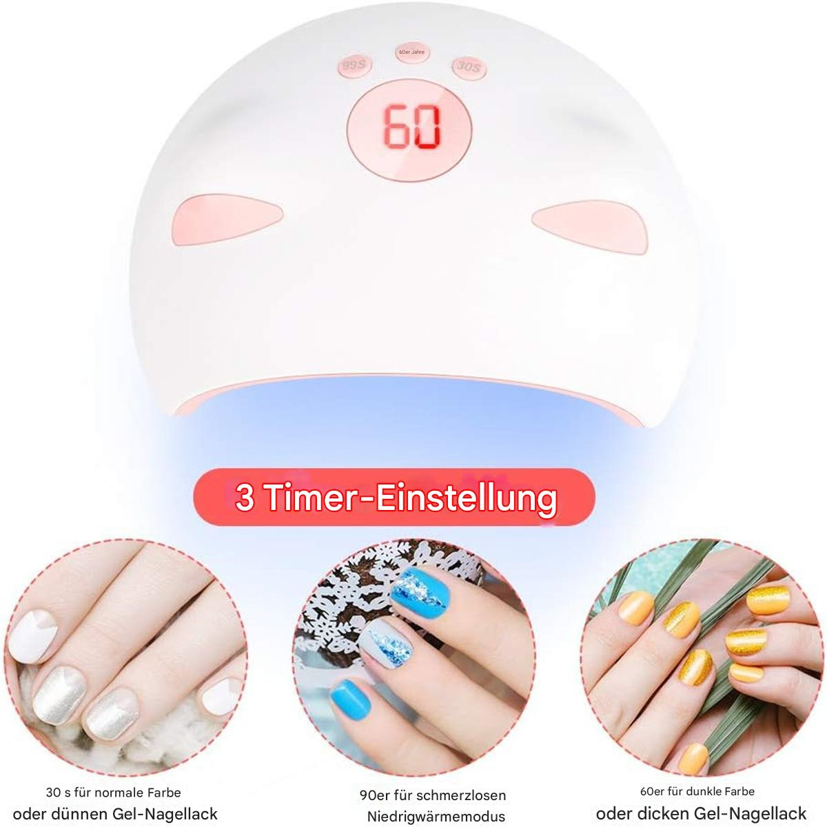 Weißer Nageltrockner mit rosa Akzenten und roter LED-Anzeige mit 60 Sekunden.