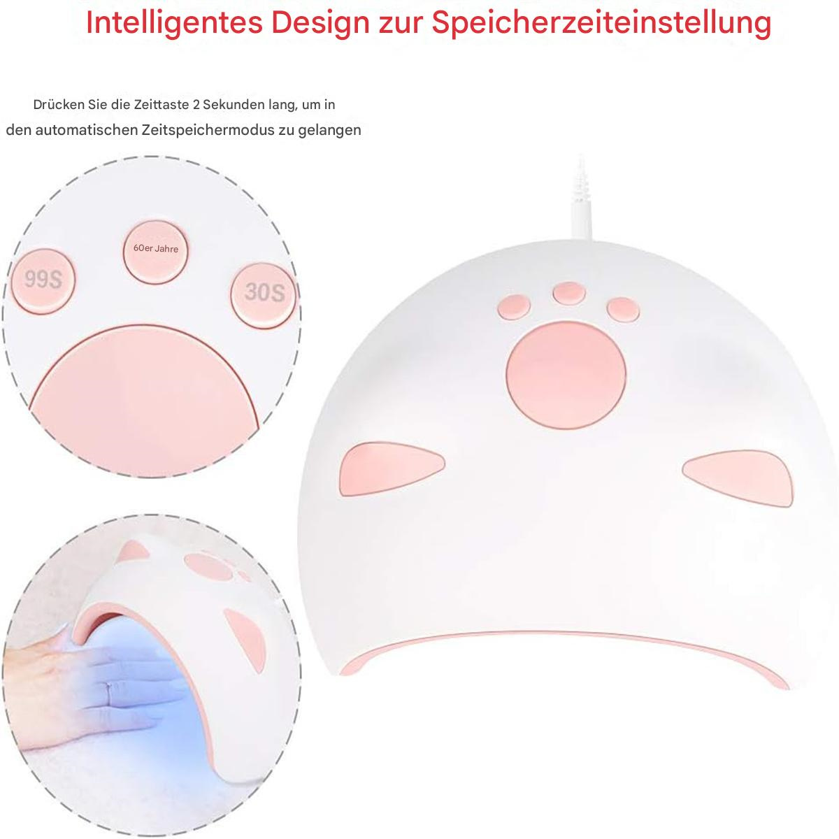 Eine weiß-rosa Nagelkunstmaschine mit Timer-Tasten. Es gibt Bilder von Nägeln und die Maschine in Gebrauch.