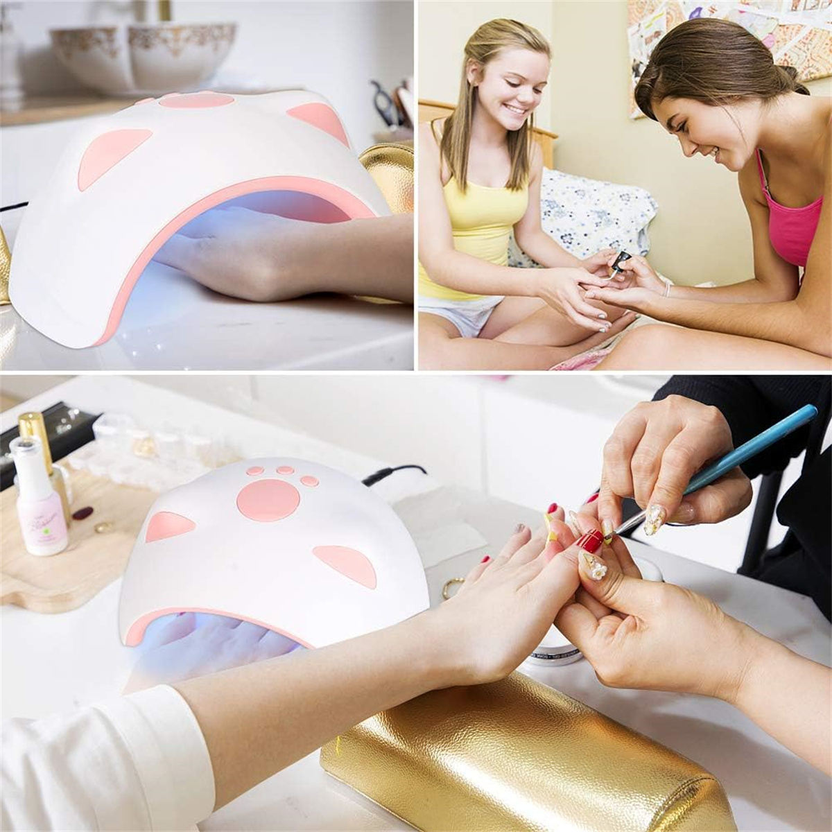 Mehrere Bilder von Frauen, die sich mit einer Nagelmaschine die Nägel machen lassen.