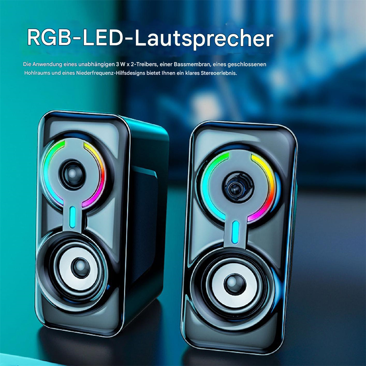 Zwei schwarze Lautsprecher mit bunten LED-Ringen. Text oben: RGB-LED-Lautsprecher.