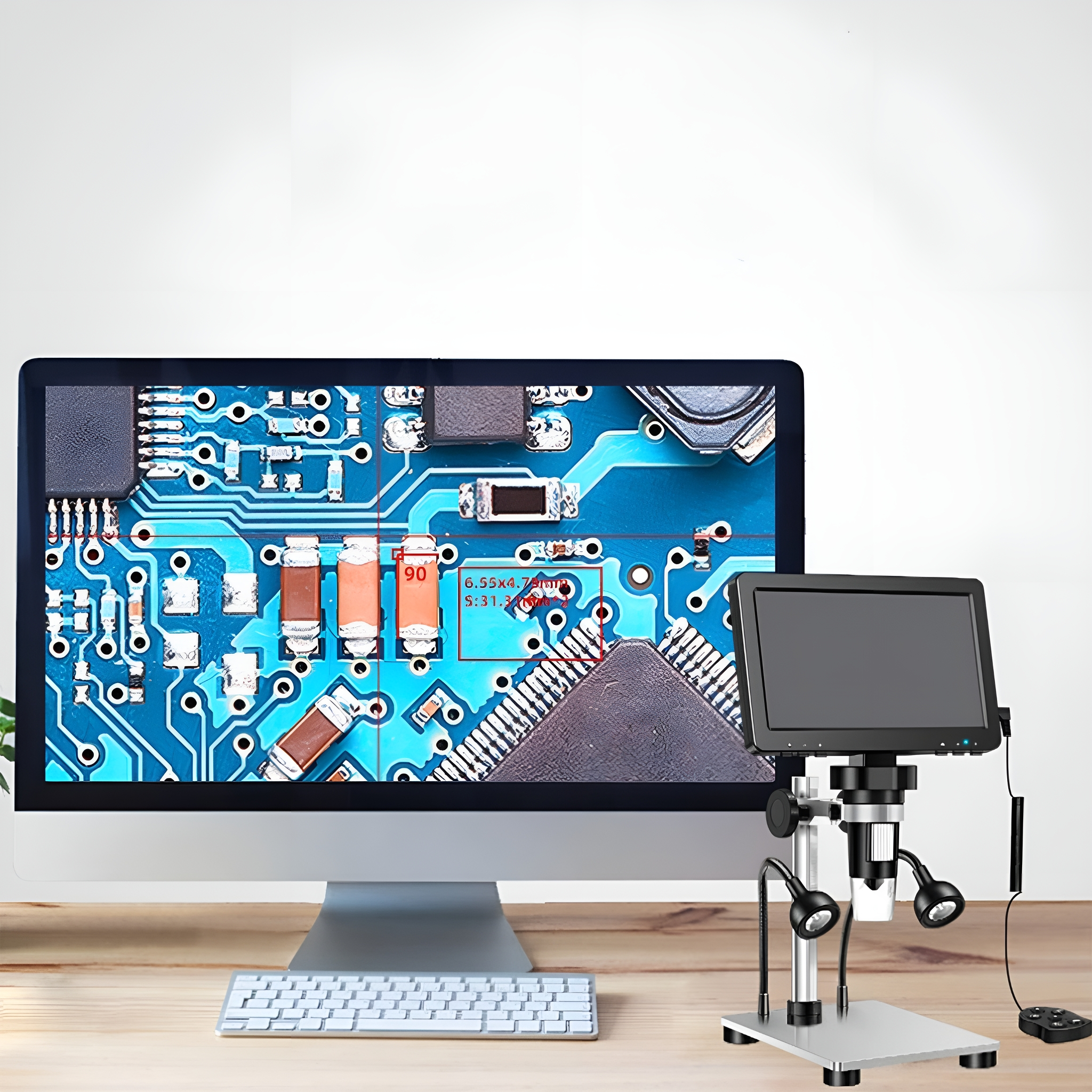 Ein Computermonitor, der eine Leiterplatte anzeigt, mit einem Mikroskop davor auf einem Holzschreibtisch.