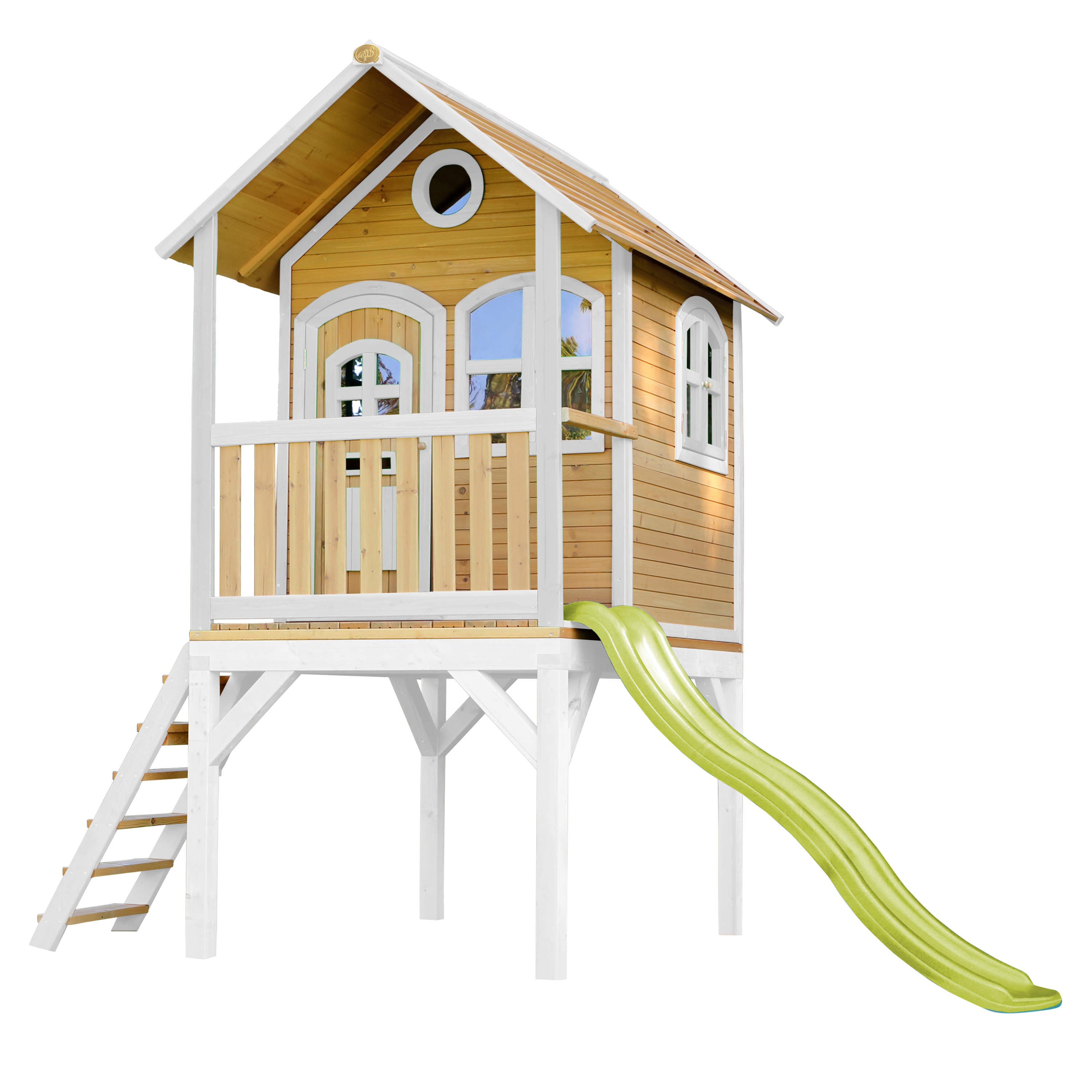 Spielhaus aus Holz mit Leiter, Rutsche und kleinem Balkon. Gelb und weißes Farbschema.