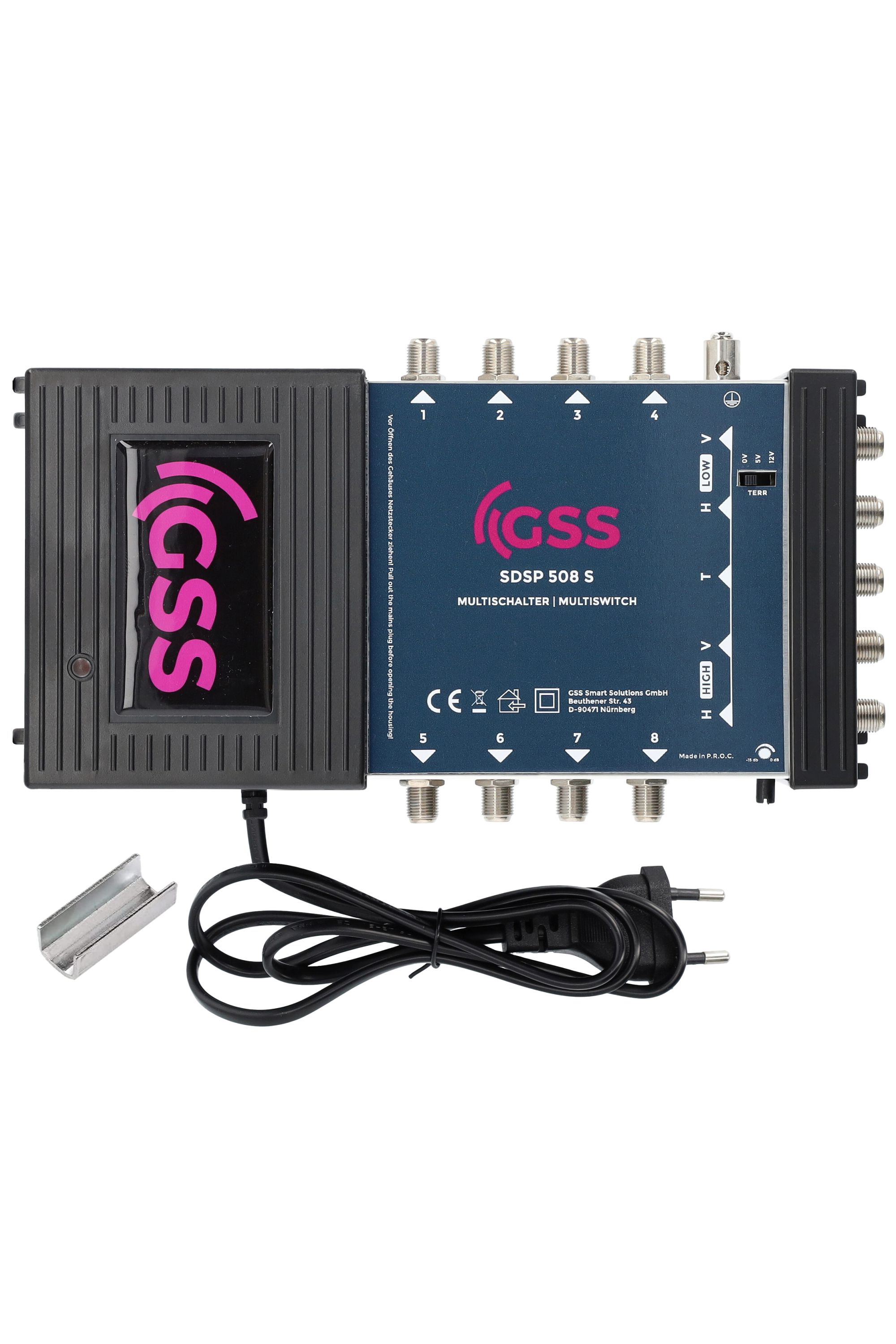 Ein Multiswitch mit mehreren Ein- und Ausgängen. Text sagt 'SDSP 508 S' und 'Multiswitch'.