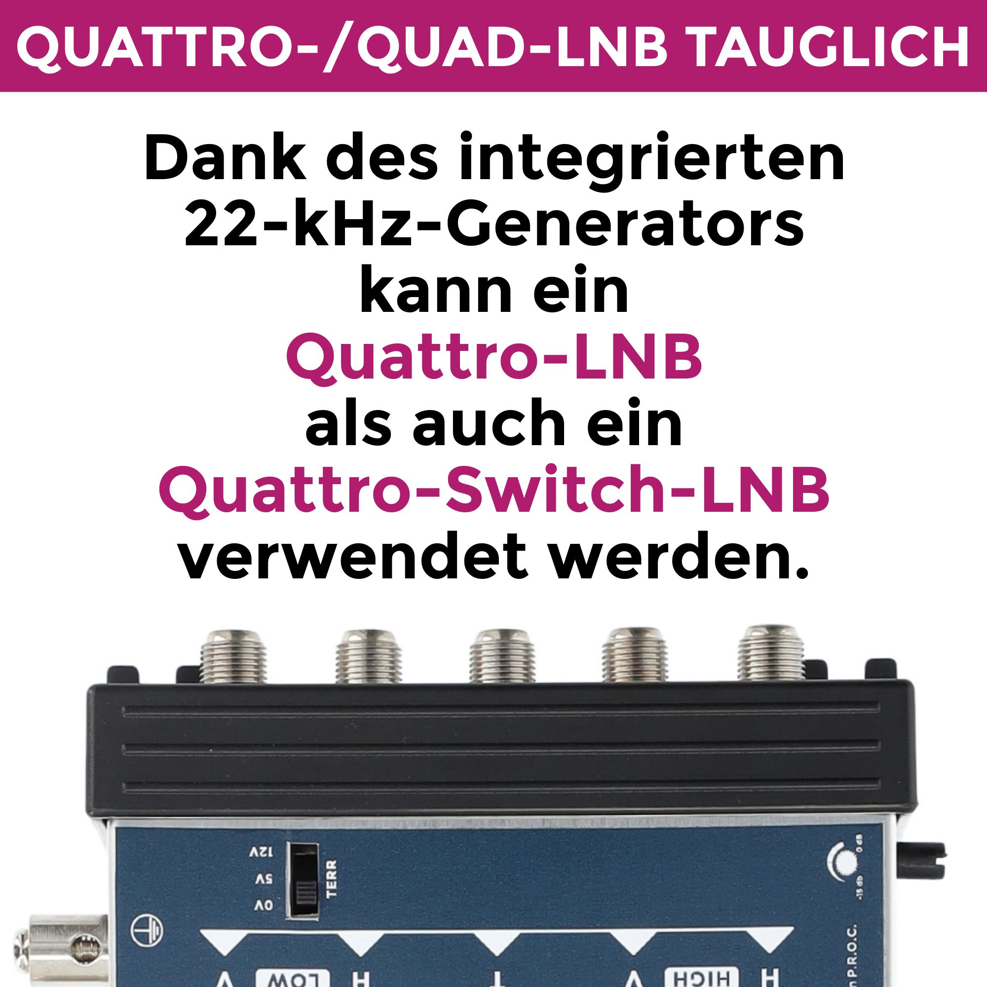 Ein schwarzes und silbernes Gerät mit mehreren Anschlüssen und Textüberlagerung.