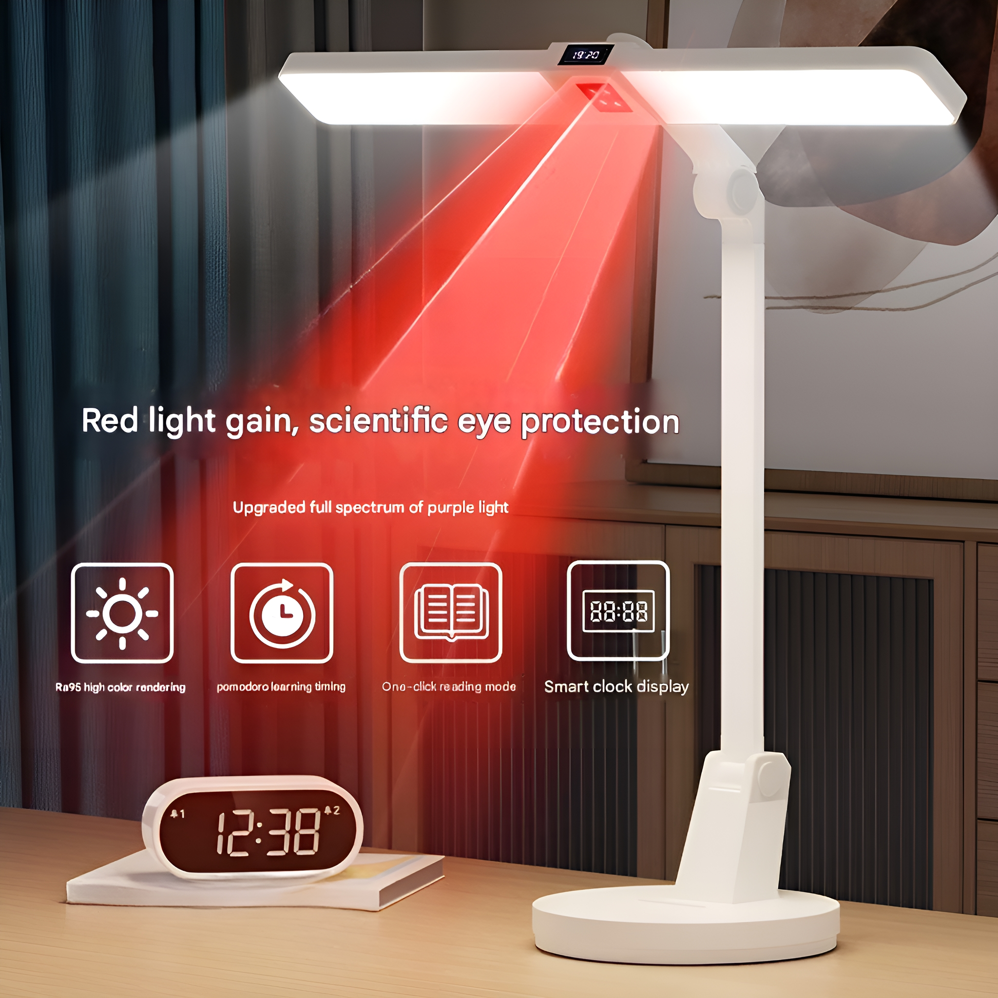 Weiße Schreibtischlampe mit rotem Licht, Uhr und Symbolen auf dunklem Hintergrund.