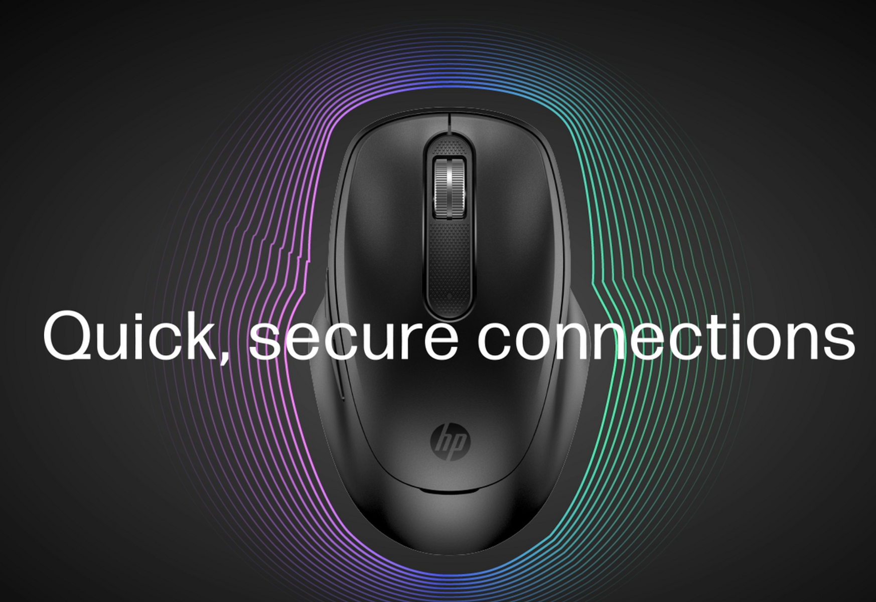 Mouse HP nero con testo 'Connessioni rapide e sicure' su sfondo ad anello colorato.