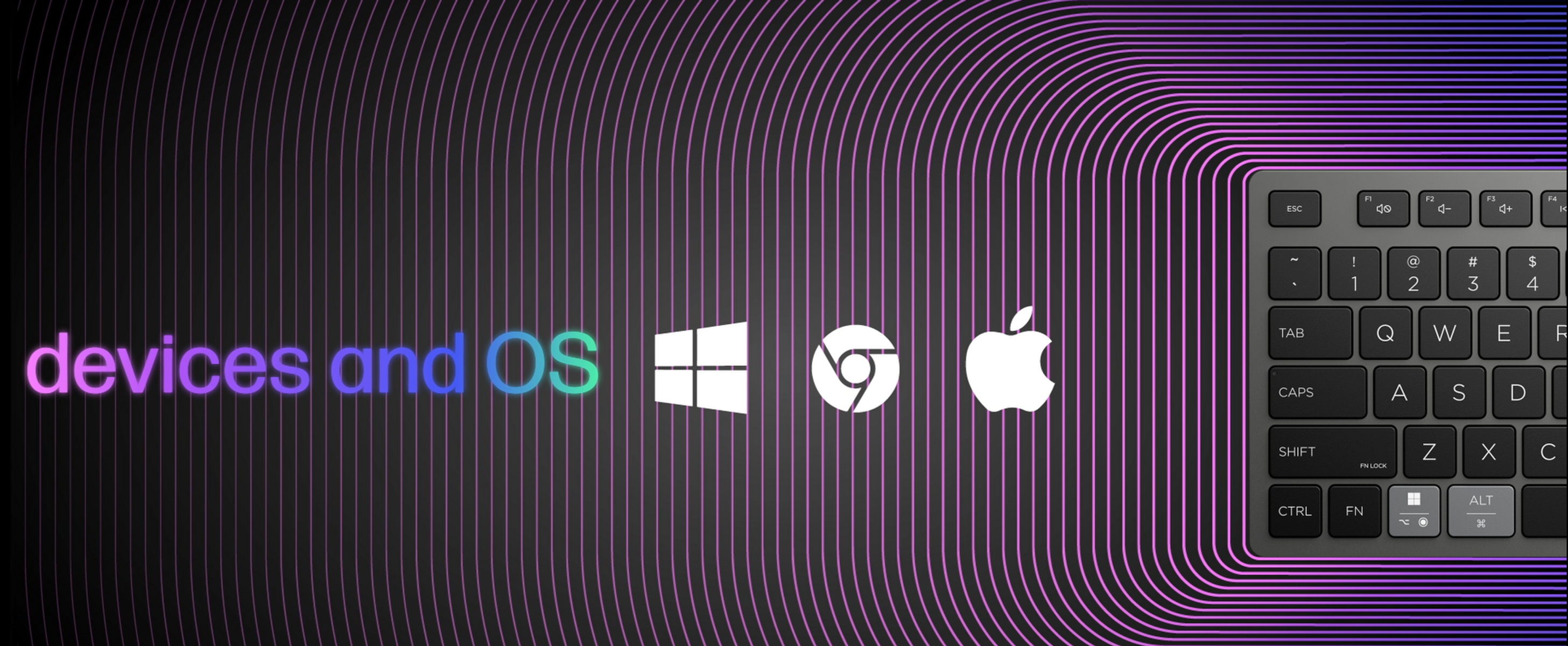 Immagine con testo "devices and OS" accanto ai loghi di Windows, Chrome e Apple. Tastiera a destra.
