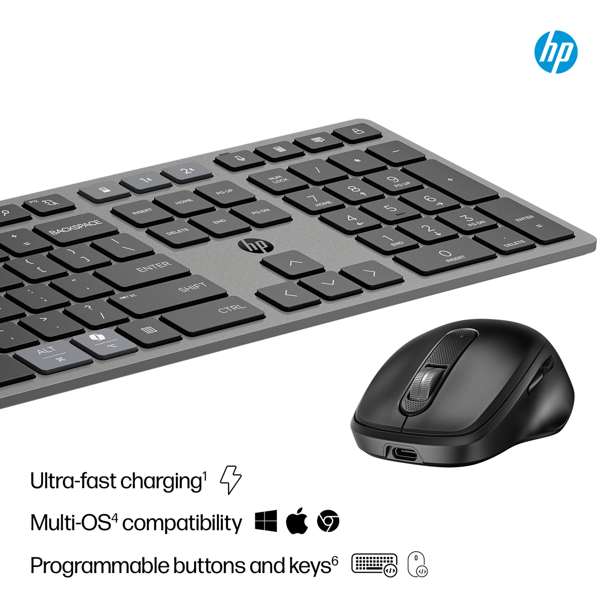 Un set tastiera e mouse HP grigio, con icone che indicano ricarica rapida e compatibilità multi-OS.