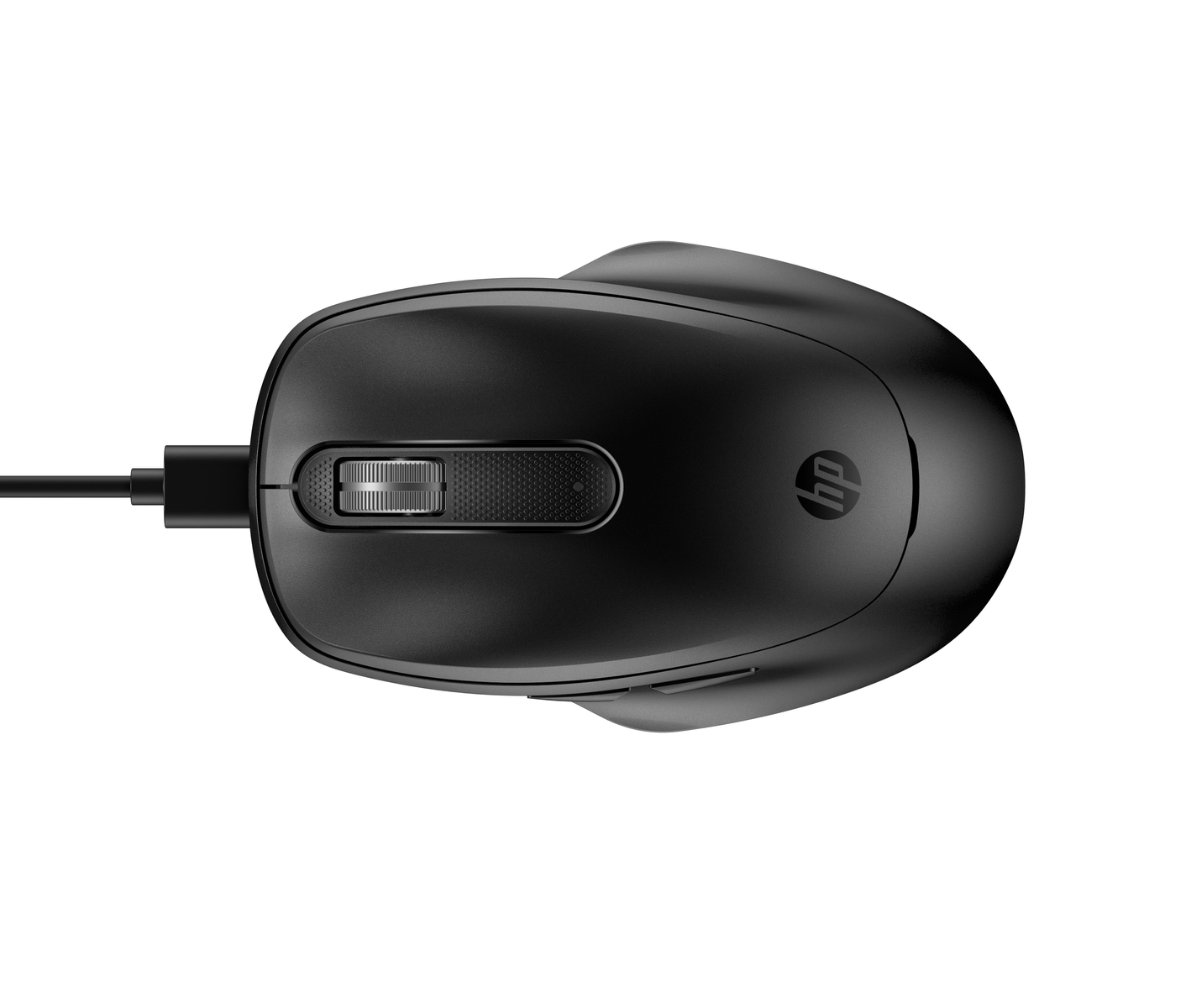 Vista dall'alto di un mouse HP nero con rotella di scorrimento. Il mouse è collegato a un cavo.