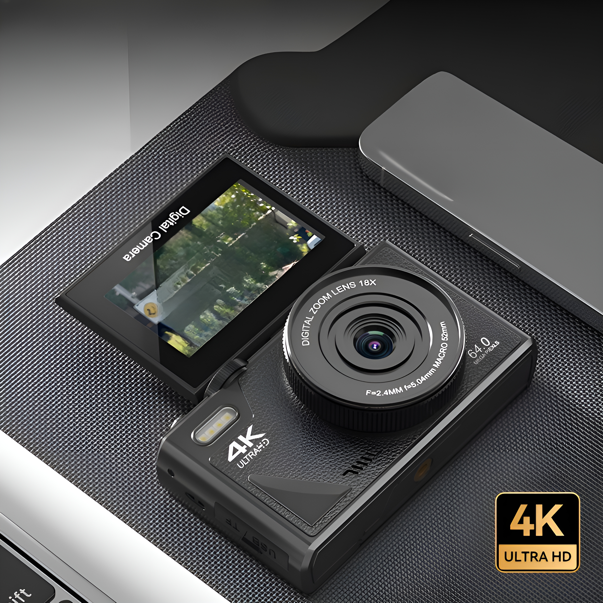 Eine schwarze Digitalkamera mit Bildschirm, 4K Ultra HD-Label und einem zweiten Bildschirm.