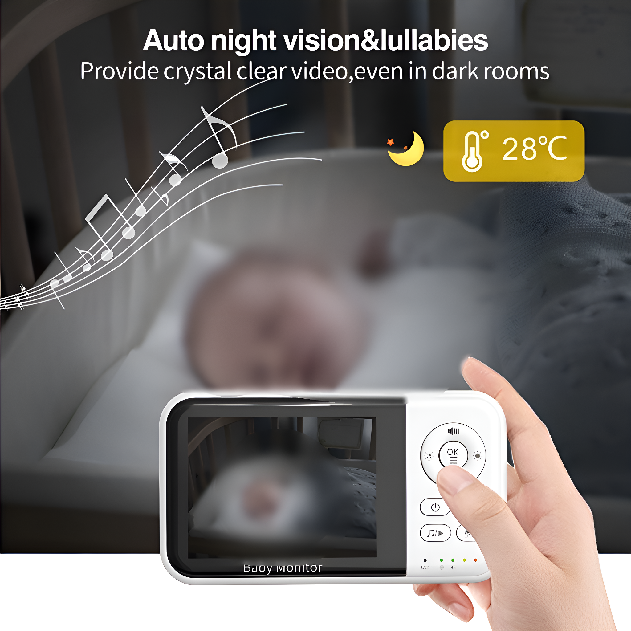 Babyphone-Bildschirm, der ein Baby in einem Kinderbett zeigt. Text über Nachtsicht & Schlaflieder, Temperaturanzeige.