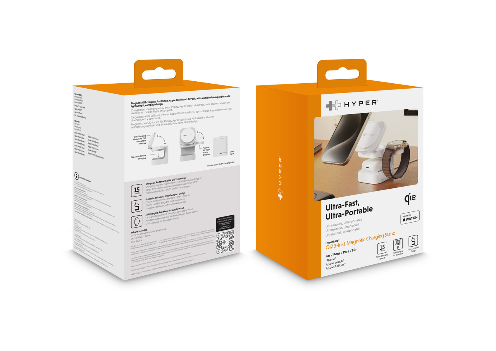 Caja de soporte de carga Hyper naranja y blanca con texto e imágenes del producto. Fondo blanco.
