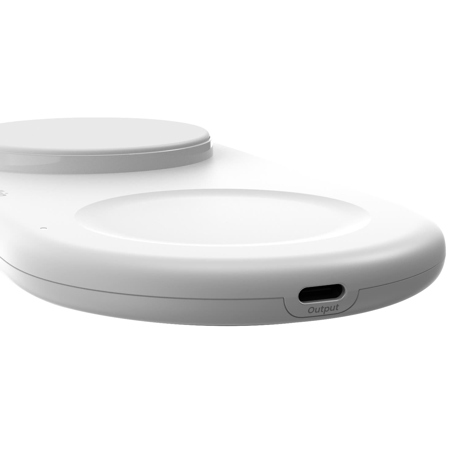 Caricatore wireless bianco con due aree di ricarica e una porta di uscita.