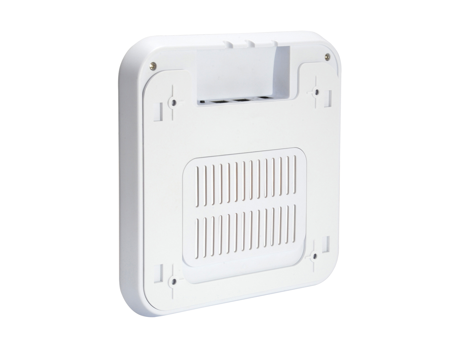 Dispositivo rectangular blanco con ventilación. Se ven cuatro orificios para tornillos.