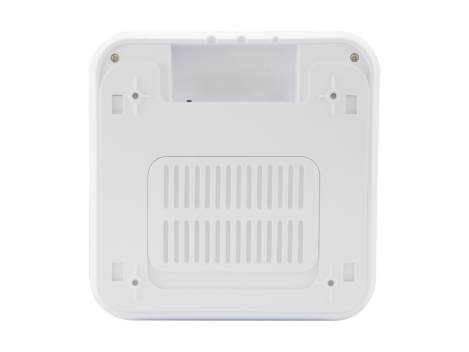 Cuadrado blanco con ventilación y agujeros para tornillos.