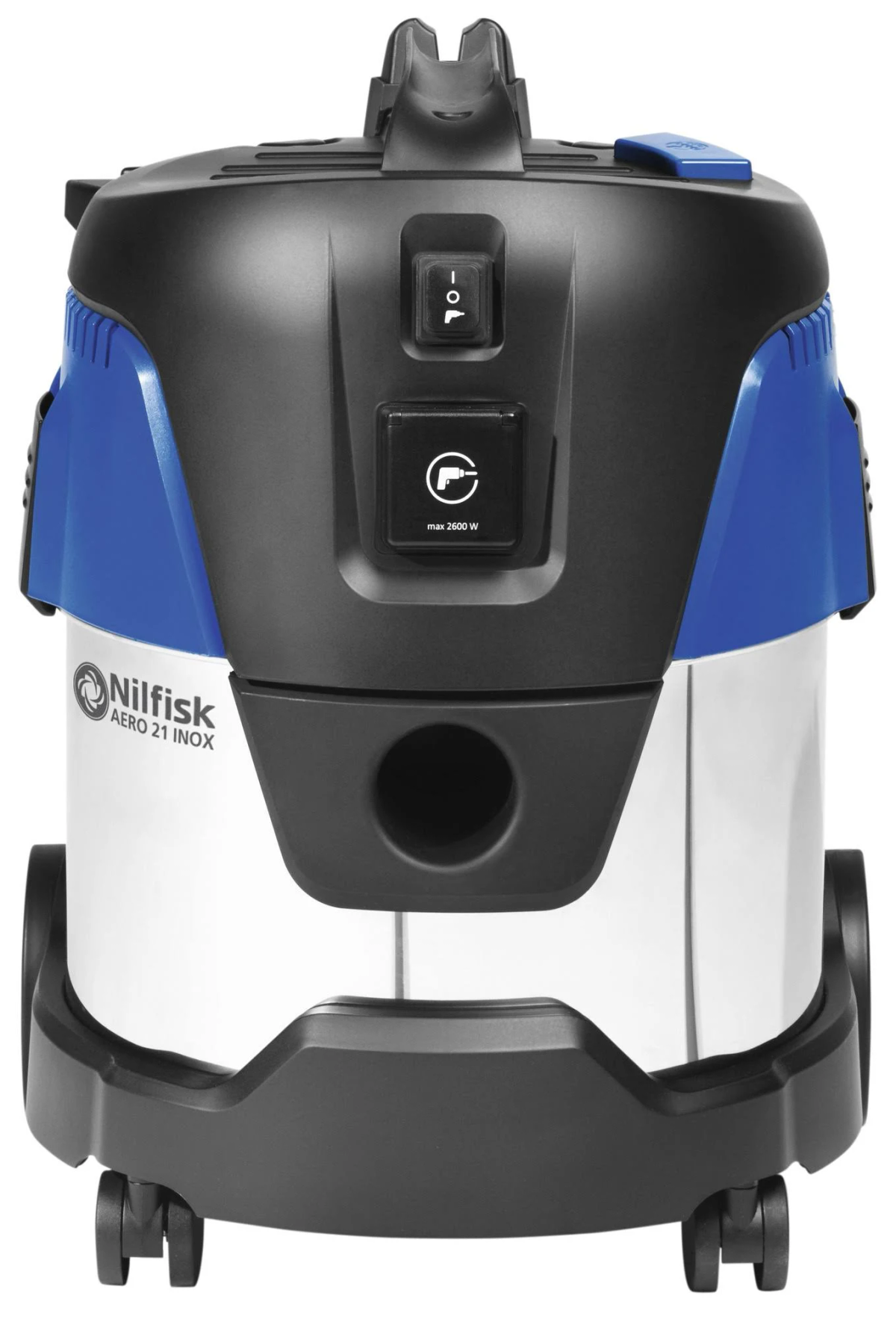 Aspirapolvere Nilfisk AERO 21 INOX nero e blu, vista dall'alto.