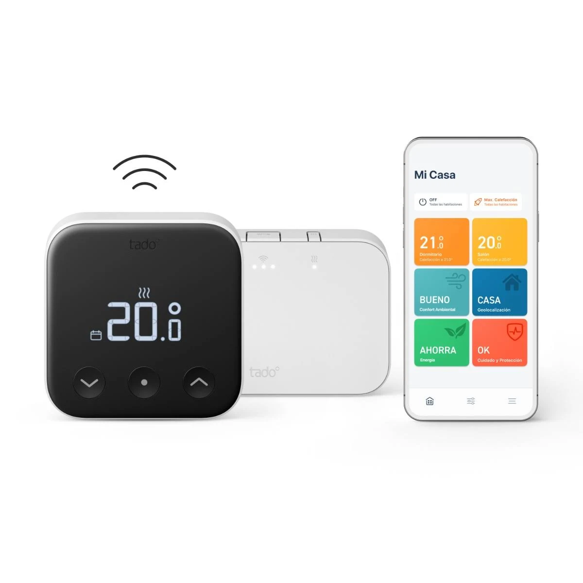 Thermostat intelligent et un smartphone affichant des commandes, avec un fond blanc.