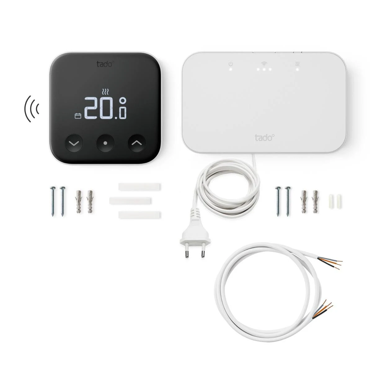 Ensemble de thermostat intelligent Tado. Thermostat noir et pont Internet blanc, avec câbles et accessoires.